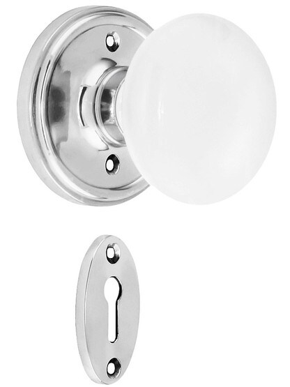 Classic Rosette Mortise Lock Set With White Porcelain Door Knobs in Polished Chrome.